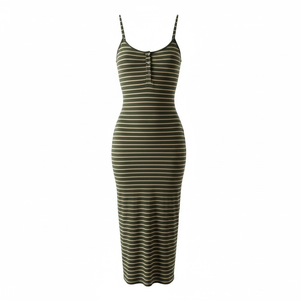 Striped Olive Green Spaghetti Strap Midi Dress